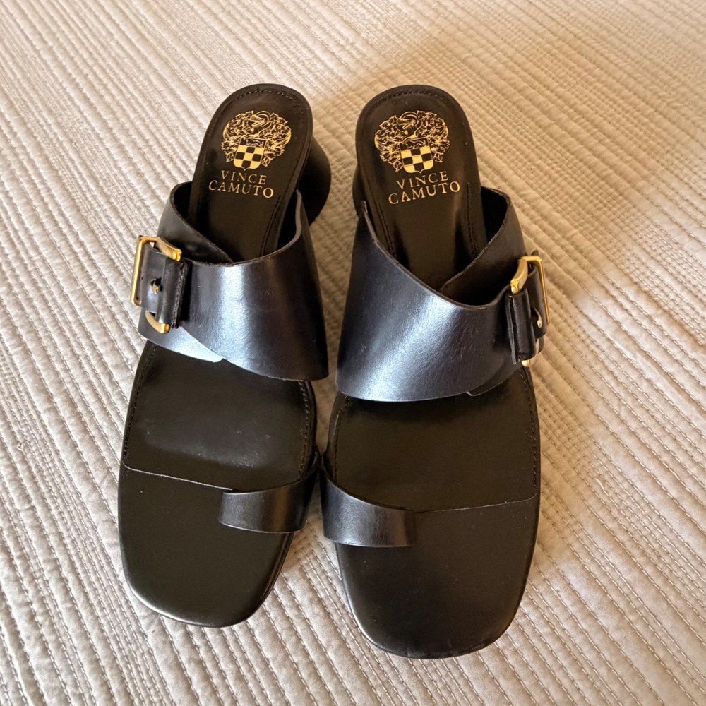 NEW Vince Camuto Women's Black Leather Toe Ring Slide Sandals Size 8.5M‎
